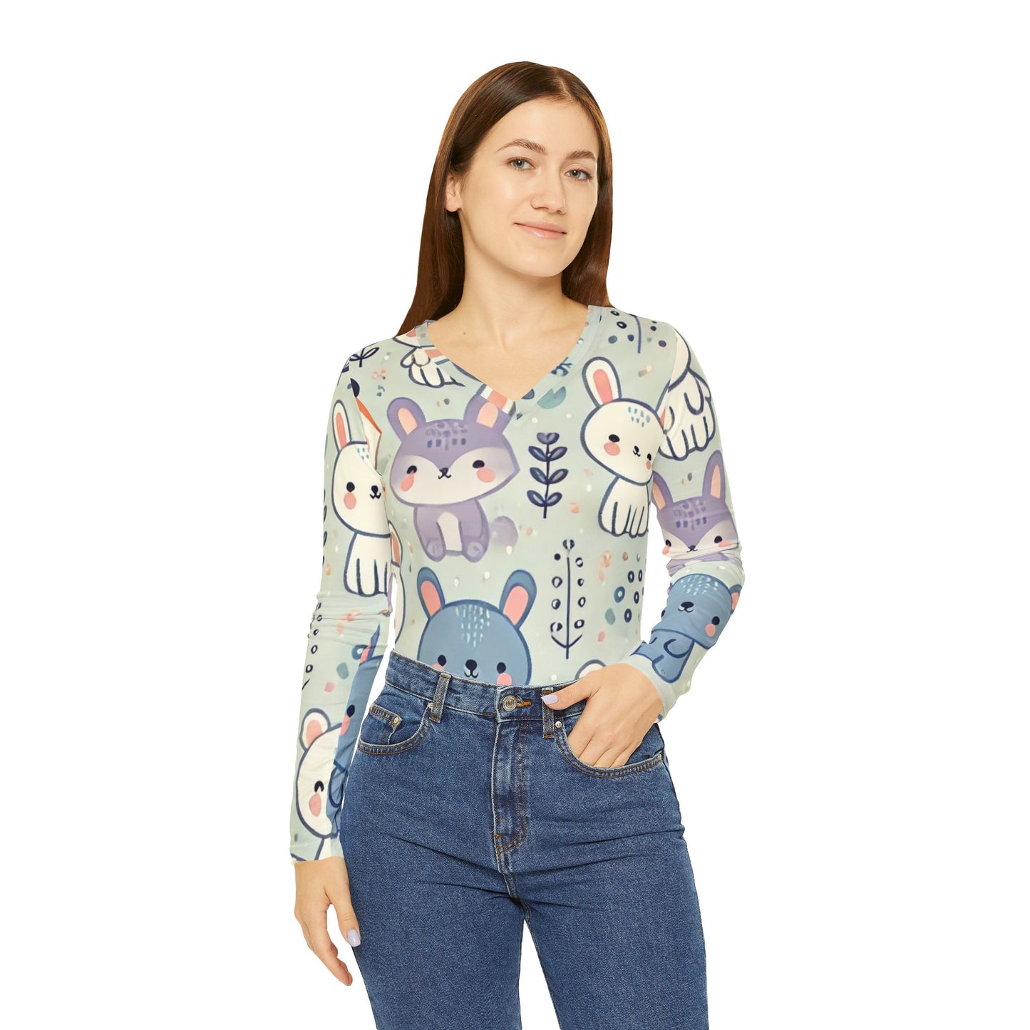 Whimsical Companions - Women's Long Sleeve V-neck Shirt (AOP)