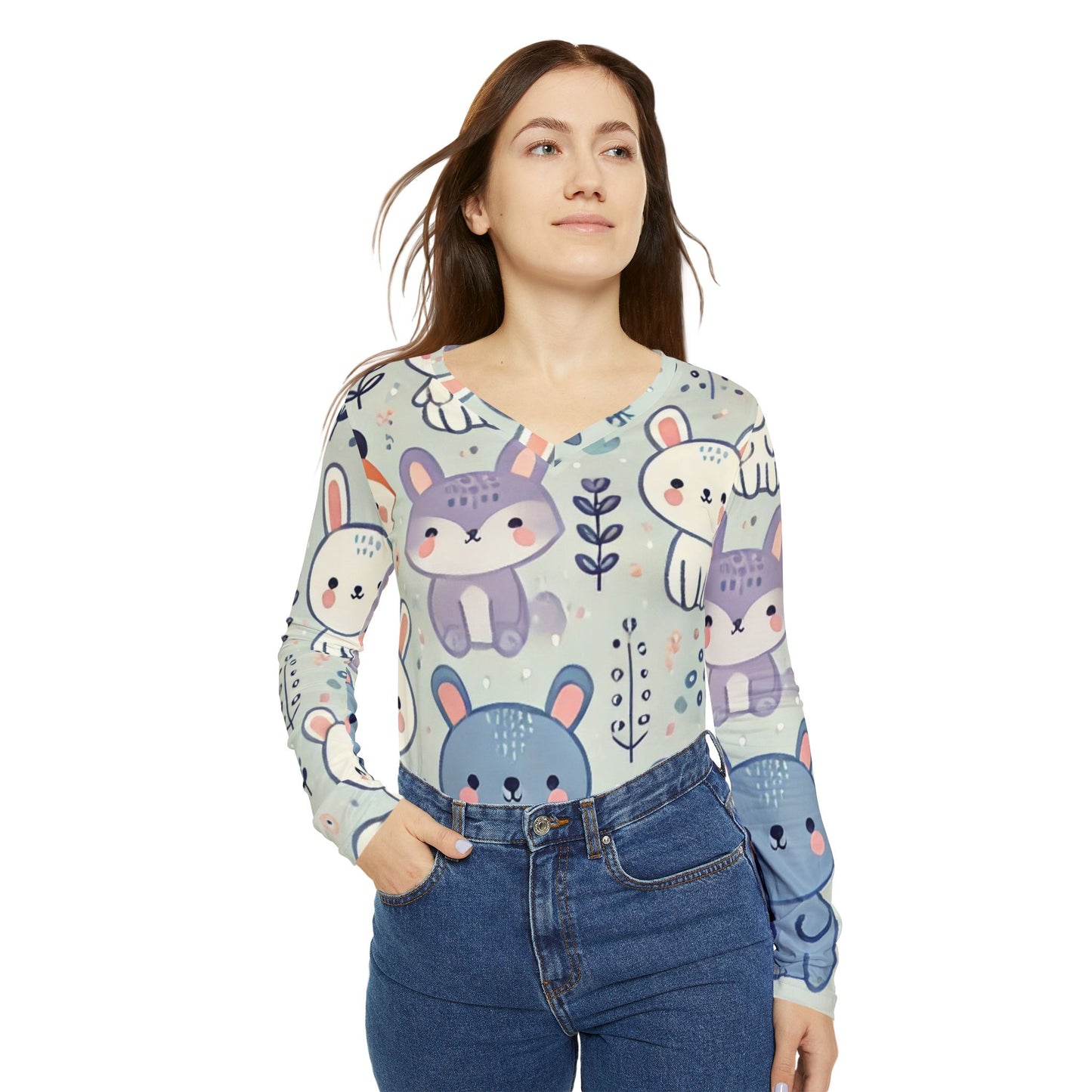 Whimsical Companions - Women's Long Sleeve V-neck Shirt (AOP)